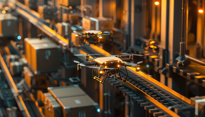 A pair of drones are flying over a warehouse filled with boxes