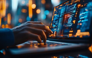 Poster - Detailed image of customer service and technical support, including a software engineer with a laptop, global internet technology, and digital system services