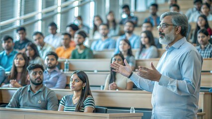 an indian professor giving a lecture to university students in a large lecture hall, emphasizing hig