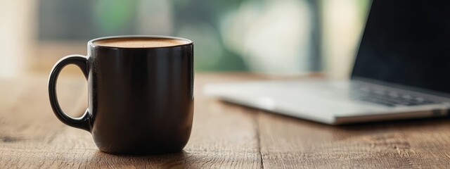 Sticker -  A tight shot of a coffee cup on a table, laptop nearby