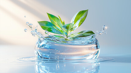 A fresh green plant emerging from a glass cube surrounded by water splashes, symbolizing growth, nature, and sustainability with a serene, vibrant atmosphere.