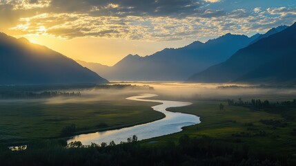 A wide-angle view of the Qinghai Qilian Mountains at dawn, with soft morning mist and the first rays of sunlight illuminating winding rivers, capturing the tranquil atmosphere