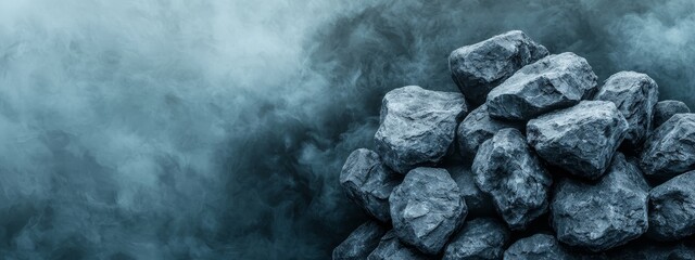 Poster -  A stack of rocks adjacent to a blue-and-white smoky wall