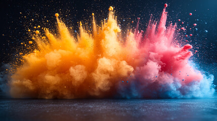 Poster - Vibrant explosions of colorful powder in pink, orange, and blue erupting against a dark background, creating dynamic energy with splashes of vibrant particles.abstract background
