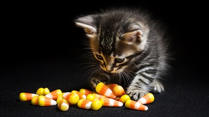 Wall Mural - A small kitten playing with candy corn, highly detailed fur and clear sharp focus, solid black background, Halloween stock photo