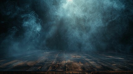 Dark Wooden Tabletop with Blue Smoke and Light