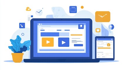 The laptop screen shows a website with a lot of different icons and buttons