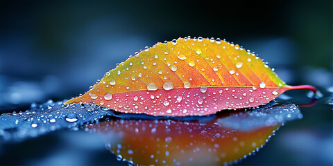 Wall Mural - Macro shot of beautiful autumn leaf with water drops on it