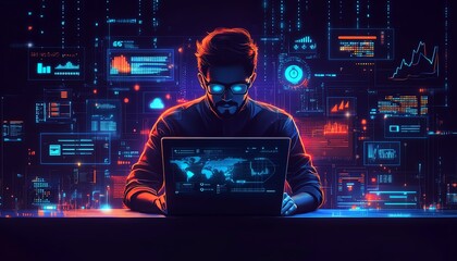 Poster - Illustration of technical support customer service, featuring a software engineer with a laptop, global network, and digital system service elements