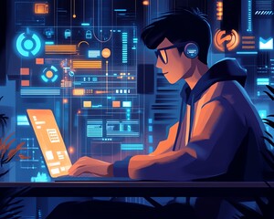 Leinwandbilder - IT support and customer service scene, featuring a software engineer working on a laptop with visual elements of global network and internet technology