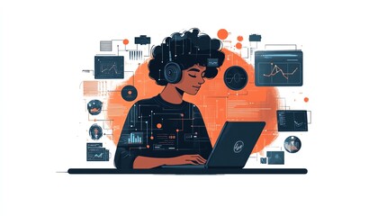 Leinwandbilder - Illustration of technical support customer service, featuring a software engineer with a laptop, global network, and digital system service elements