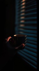 Poster - A person holding a steaming cup of coffee in a dimly lit room with sunlight streaming through the window blinds at dusk