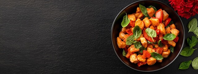 Wall Mural -  A bowl of food rests atop a table, adjacent to a vibrant arrangement of red and green leaves and flowers