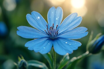 A solitary blue flower blooms in a lush meadow, bathed in warm sunlight.