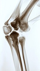 Canvas Print - X-ray image of a human knee joint showing the bones and ligaments.