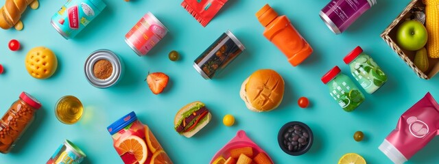 Wall Mural - Colorful food and beverage flat lay on turquoise background