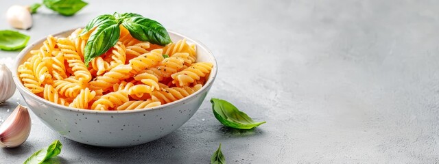 Sticker -  A bowl of pasta with basil, garlic, and cloves on a gray surface next to garlic cloves