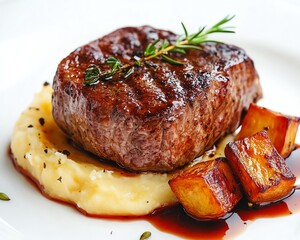 Wall Mural - Perfectly cooked meat with rich mashed potatoes and caramelized roasted vegetables, presented with culinary finesse