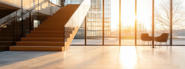 Canvas Print -  A chair and table face a window, revealing a staircase and building backdrop