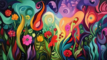 Naklejka na meble Abstract depiction of a lush garden with vibrant colors and flowing shapes, representing the abundance of nature