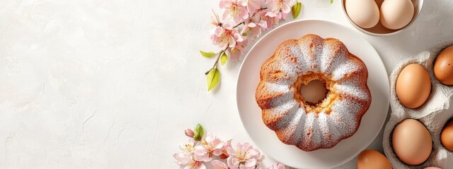 Sticker -  A Bundt cake sits atop a pristine white plate Nearby rests a bowl holding eggs, and a cherry blossom blooms beside them