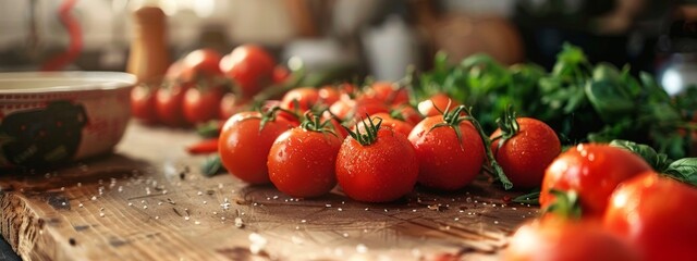 Wall Mural - Fresh vine-ripened tomatoes on a rustic wooden table