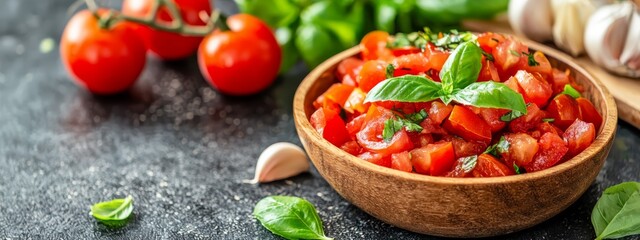 Sticker -  A wooden bowl holds sliced tomatoes and basil atop the table Garlic and cloves rest nearby