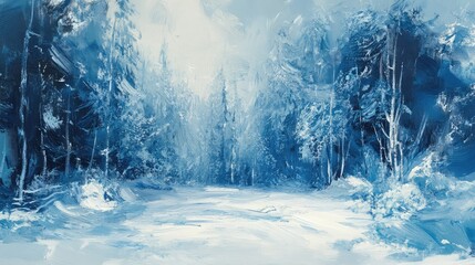 Abstract depiction of a snow-covered forest, with cool blues and whites creating a serene winter landscape