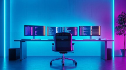 Coding efficiency, digital performance tools, futuristic office, neon blue glow