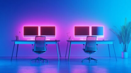 Coding efficiency, digital performance tools, futuristic office, neon blue glow