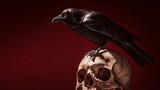 A spooky close-up of a raven perched on a skull, both in sharp focus against a solid dark red background. The feathers and bones are captured in high detail.