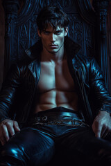 handsome man with dark hair, blue eyes, and a muscular body wearing fantasy outfit sits casually on 