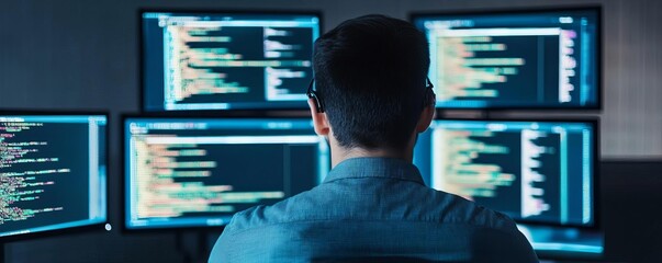 Digital coding optimization, programmer with virtual screens, futuristic office