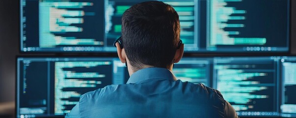 Digital coding optimization, programmer with virtual screens, futuristic office