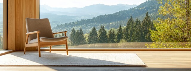  A chair sits atop a wooden floor, facing a window with a vista of mountain ranges beyond