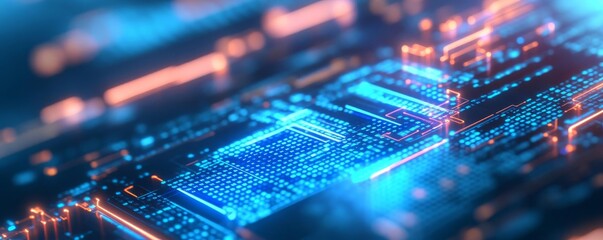 Futuristic coding optimization, digital projections, blue neon accents
