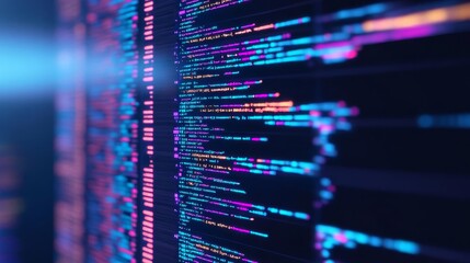 Hologram coder, code improvement, futuristic workspace, neon blue highlights