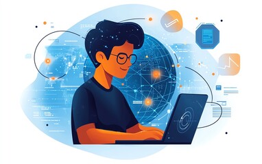 Leinwandbilder - Technical support concept with a software engineer using a laptop, surrounded by global network graphics and IT support technology