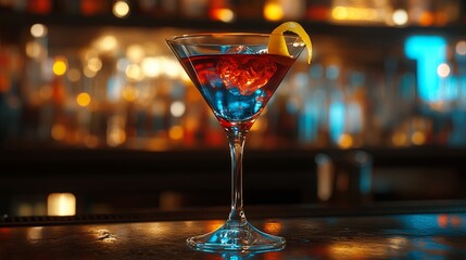 Poster - A martini glass with a lemon slice in it sits on a bar counter