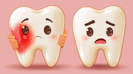 Two cartoon teeth, one with a red cavity and sad expression, the other healthy with a worried expression.