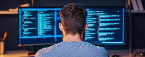 Programmer optimizing code, holographic screens, futuristic workspace, blue neon glow