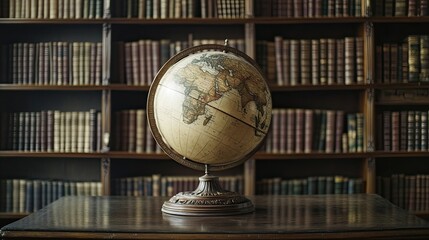 A vintage globe on a table in front of a wall of bookshelves filled with leather-bound books.