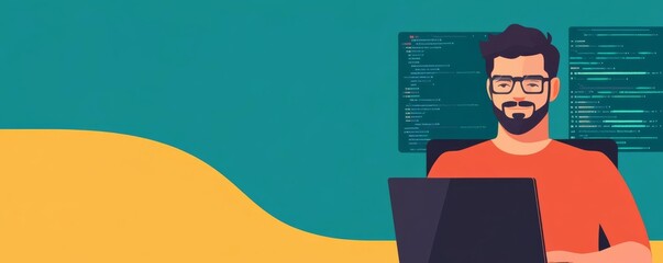 Programmer with augmented screens, coding optimization, modern tech environment