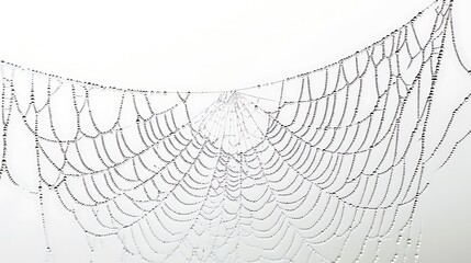 A sharp, detailed photograph of a spider web covered in morning dew. The background is a solid light gray, highlighting the intricate pattern of the web.