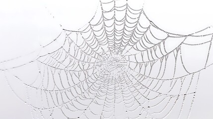 A sharp, detailed photograph of a spider web covered in morning dew. The background is a solid light gray, highlighting the intricate pattern of the web.