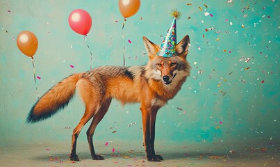 A fox is standing in front of a wall with three red balloons