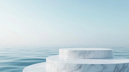 Wall Mural - A white marble podium with three steps against a calm blue ocean, perfect for showcasing products with a minimalist, modern design.