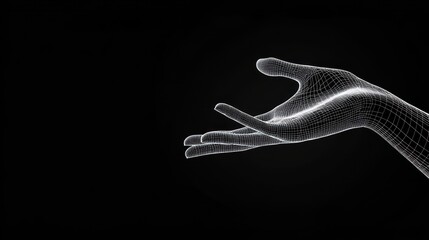 A wireframe rendering of a human hand reaching out with an open palm, isolated on a black background.