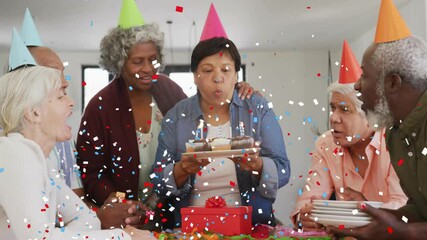 Poster - Confetti animation over diverse group celebrating birthday with cake and candles