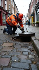 Worker lifting manhole cover on city street with safety gear